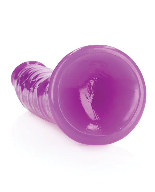 RealRock 10 inch Slim Dildo Glow in the Dark Neon Purple, showcasing a sleek purple design, perfect for intimate adventures.