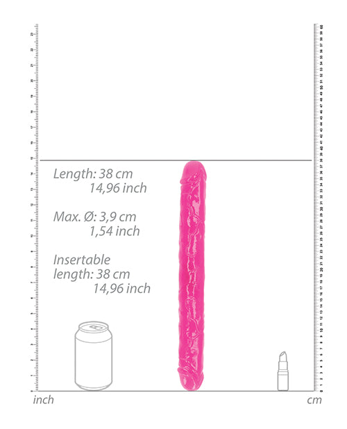 RealRock 15 inch Double Dong Glow in the Dark Neon Pink dimensions comparison with a can and a bullet.