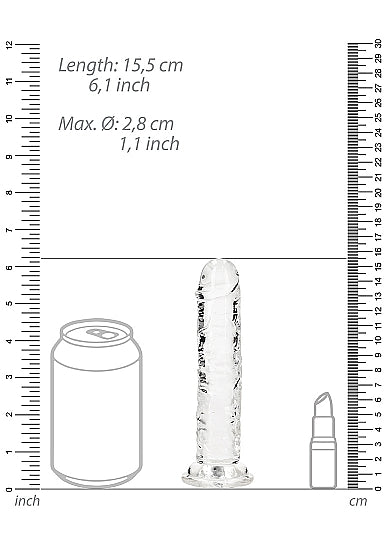 Realrock Straight Realistic 7 inch Dildo Transparent with measurement scale beside it for size reference.