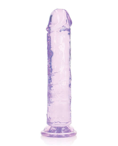 RealRock Crystal Clear 8 inch Dildo Suction Cup Purple, translucent purple dildo with suction cup base for hands-free fun.