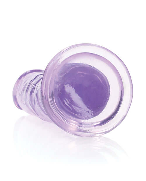 RealRock Crystal Clear 8 inch Dildo Suction Cup Purple shown from above with clear and purple design.