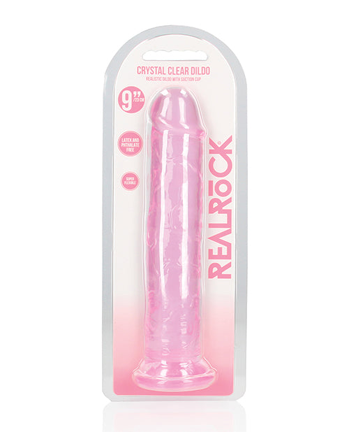 RealRock Crystal Clear 9 Inch Dildo Suction Cup Pink in packaging, showcasing its translucent pink design.