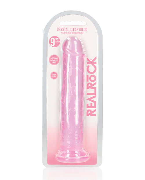 RealRock Crystal Clear 9 Inch Dildo Suction Cup Pink in packaging, showcasing its translucent pink design.