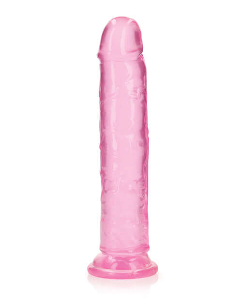 RealRock Crystal Clear 9 Inch Dildo Suction Cup Pink showcasing translucent design and lifelike details.
