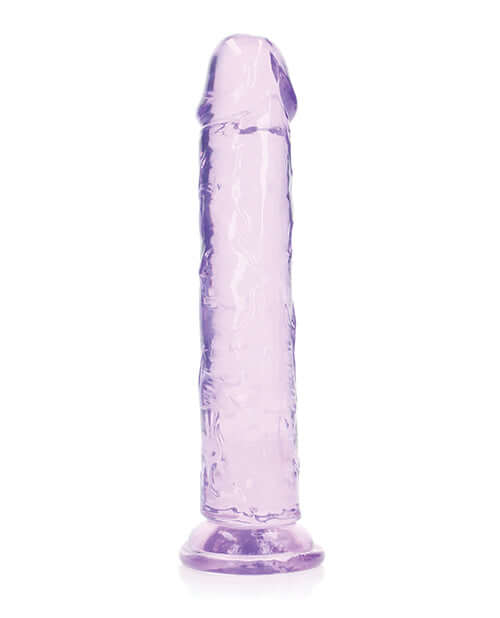 RealRock Crystal Clear 9 inch Dildo Suction Cup Purple, transparent purple dildo with a smooth design and suction base.