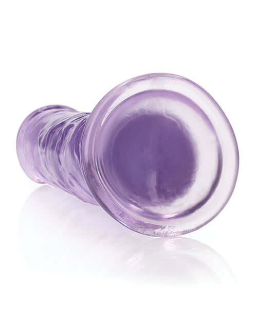 RealRock Crystal Clear 9 inch Dildo Suction Cup Purple viewed from the side, showcasing its clear purple design and suction base.