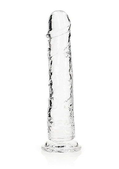Realrock Realistic Straight Dildo 11 inches Clear displayed on a white background, showcasing its transparent design.