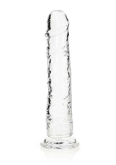 Realrock Realistic Straight Dildo 11 inches Clear displayed on a white background, showcasing its transparent design.