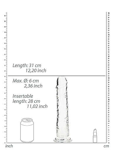 Dimensions of Realrock Realistic Straight Dildo 11 inches Clear showing length, max diameter, and insertable length.