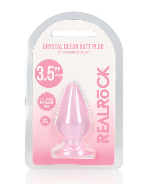 Shots RealRock Crystal Clear 3.5 inch Anal Plug Pink packaging showing the 3.5 inch anal plug design.