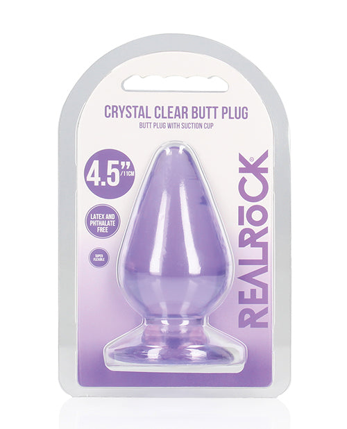 Shots RealRock Crystal Clear 4.5 inch Anal Plug Purple packaging showing a translucent butt plug with suction cup.