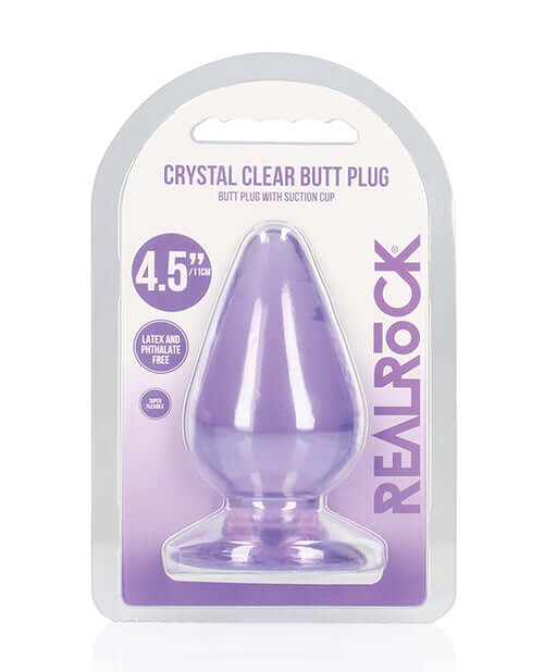 Shots RealRock Crystal Clear 4.5 inch Anal Plug Purple packaging showing a translucent butt plug with suction cup.
