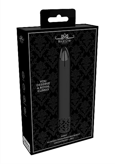 Royal Gems Shiny Powerful Vibe Rechargeable Gunmetal bullet vibrator packaging showcasing elegant design.