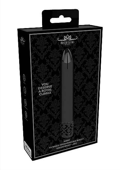 Royal Gems Shiny Powerful Vibe Rechargeable Gunmetal bullet vibrator packaging showcasing elegant design.