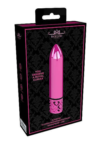 Royal Gems Glamour Pink ABS Bullet Vibrator packaging with elegant design and text, perfect for personal use.
