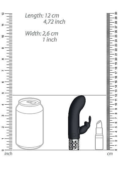 Royal Gems Dazzling Black Rechargeable Silicone Bullet dimensions, 12 cm length and 2.6 cm width, beside a can and lipstick for size reference.