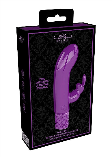 Royal Gems Dazzling Purple Rechargeable Silicone Bullet packaging showcasing its elegant design and features.