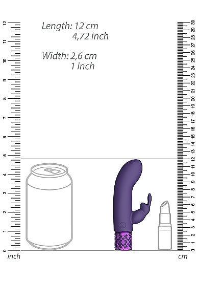 Image showcasing dimensions of Royal Gems Dazzling Purple Rechargeable Silicone Bullet with a can for size reference.