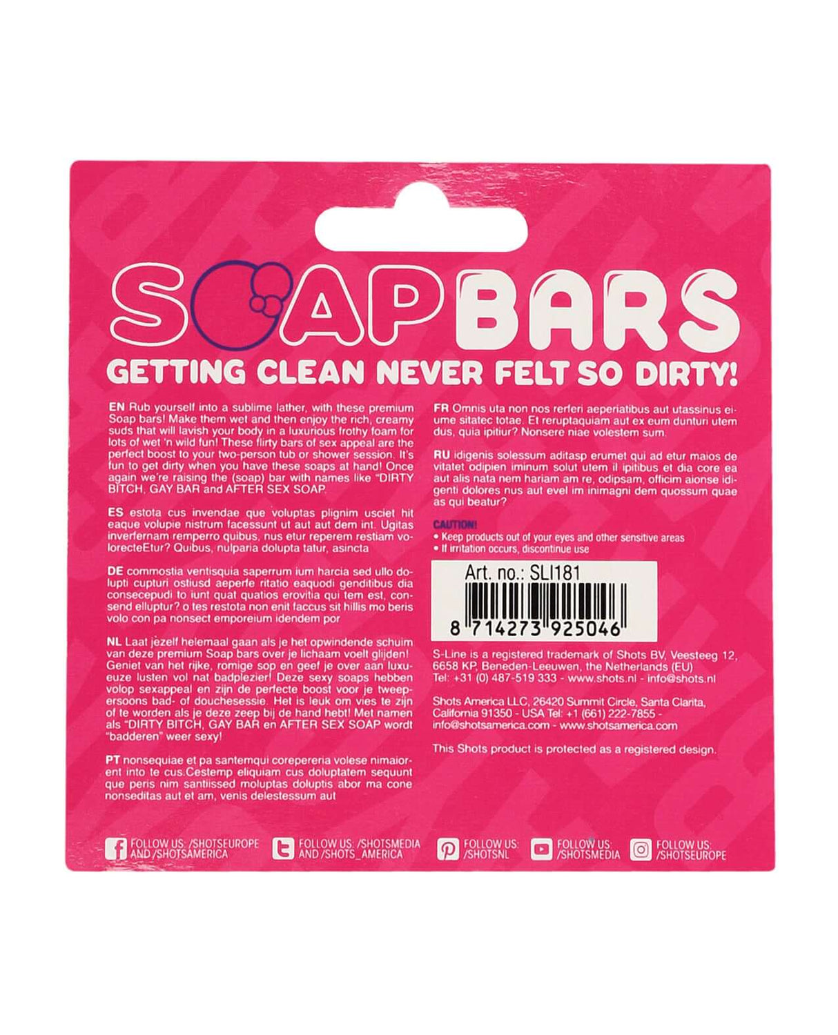 Shots Gay Bar Novelty Soap Bar Pink packaging with playful slogan and product details.