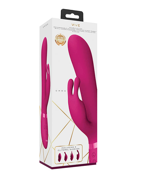 Vive Chou Silicone G-Spot Rabbit Clitoral Sleeves Pink packaging showcasing versatile rabbit vibrator and silicone sleeves.