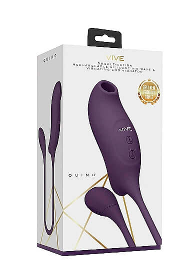 Vive Quino Air Wave Vibrating Egg Vibrator Purple packaging showcasing its touchless airwave suction and insertable design.