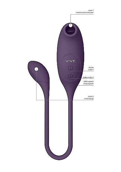 Vive Quino Air Wave Vibrating Egg Vibrator Purple showing design features and control buttons.
