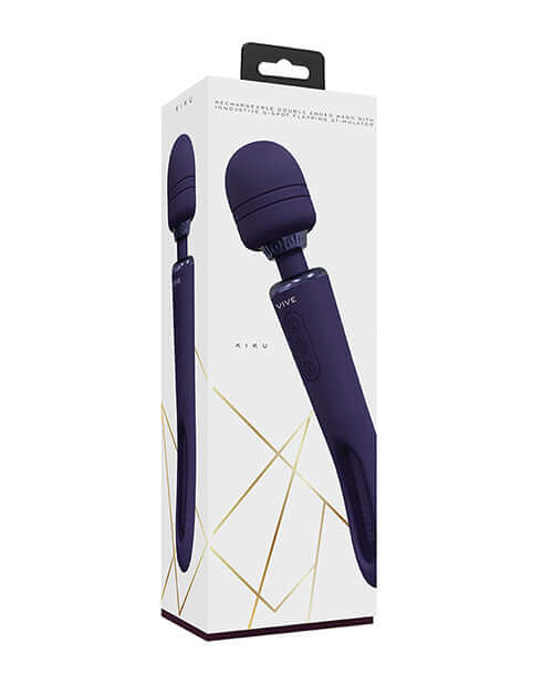 Shots Vive Kiku Double Ended Wand Vibrator Purple packaging design showcasing its sleek and innovative features.