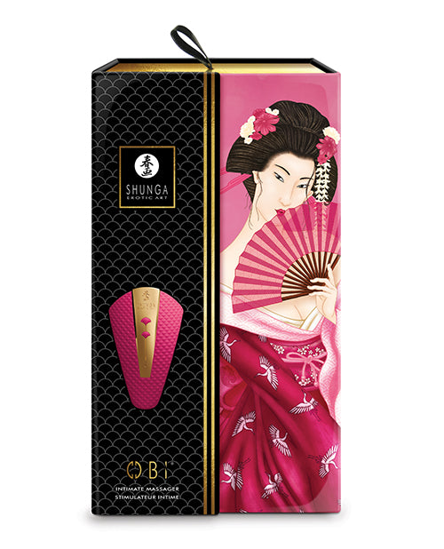Shunga Obi Intimate Massager Raspberry packaging featuring elegant design and vibrant colors.