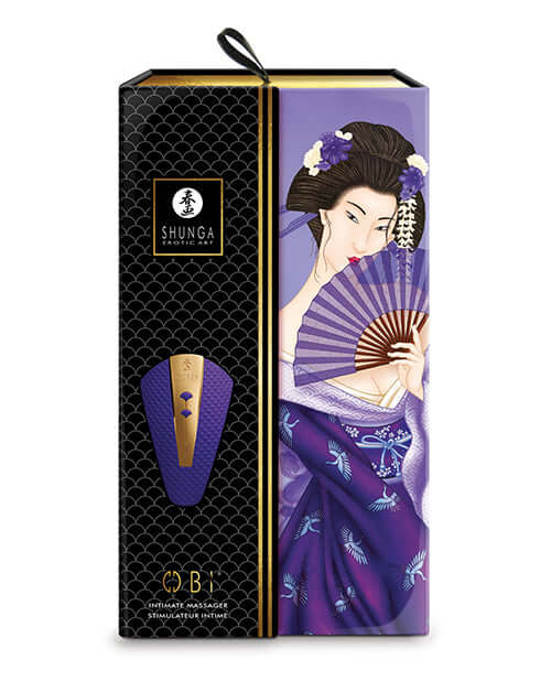 Shunga Obi Intimate Massager Purple packaging featuring elegant design and vibrant colors.