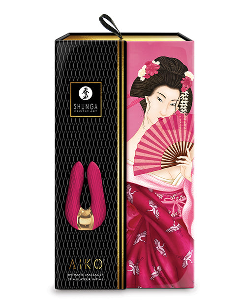 Shunga Aiko Intimate Massager Raspberry packaging featuring a woman with a fan design.