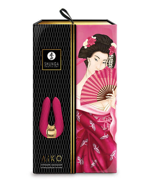 Shunga Aiko Intimate Massager Raspberry packaging featuring a woman with a fan design.