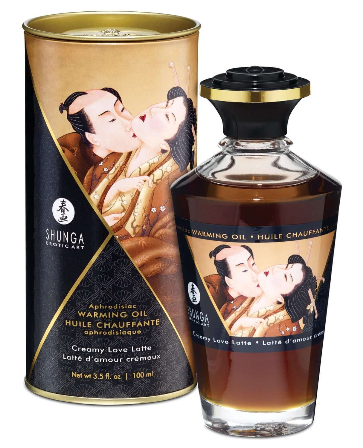 Shunga Warming Oil Creamy Love Latte 3.5 Oz in a decorative bottle and packaging, perfect for enhancing intimate moments.