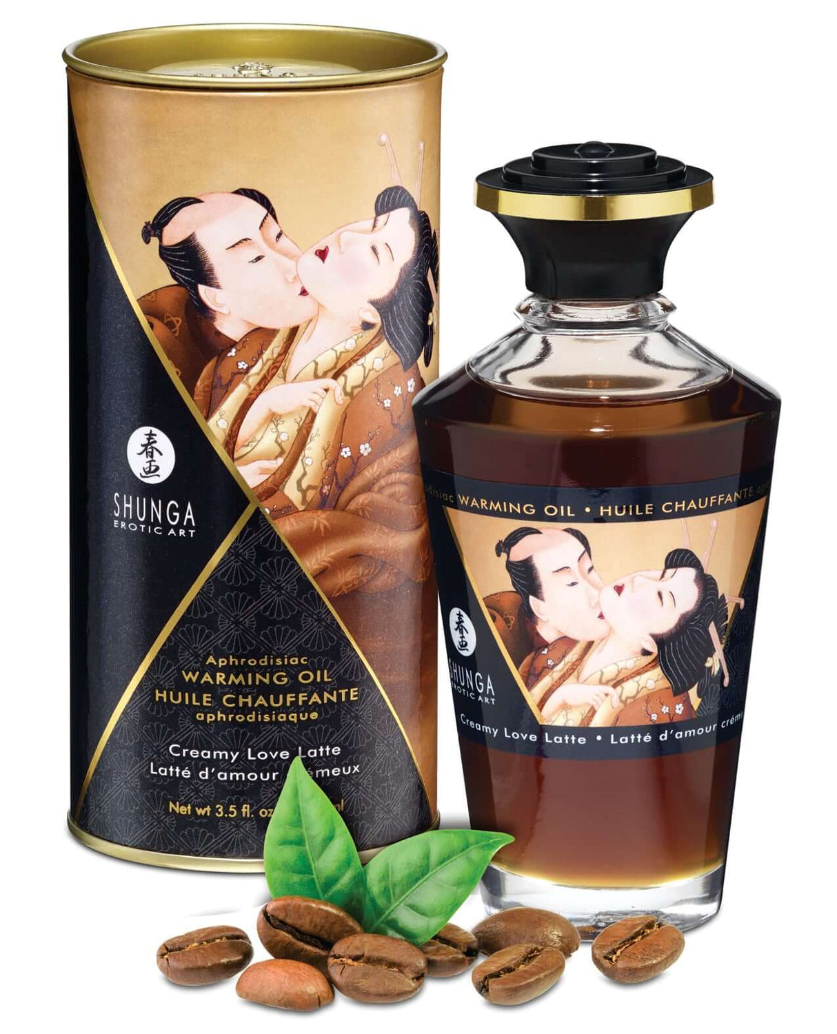 Shunga Warming Oil Creamy Love Latte 3.5 Oz in elegant packaging with coffee beans, enhancing intimate moments.