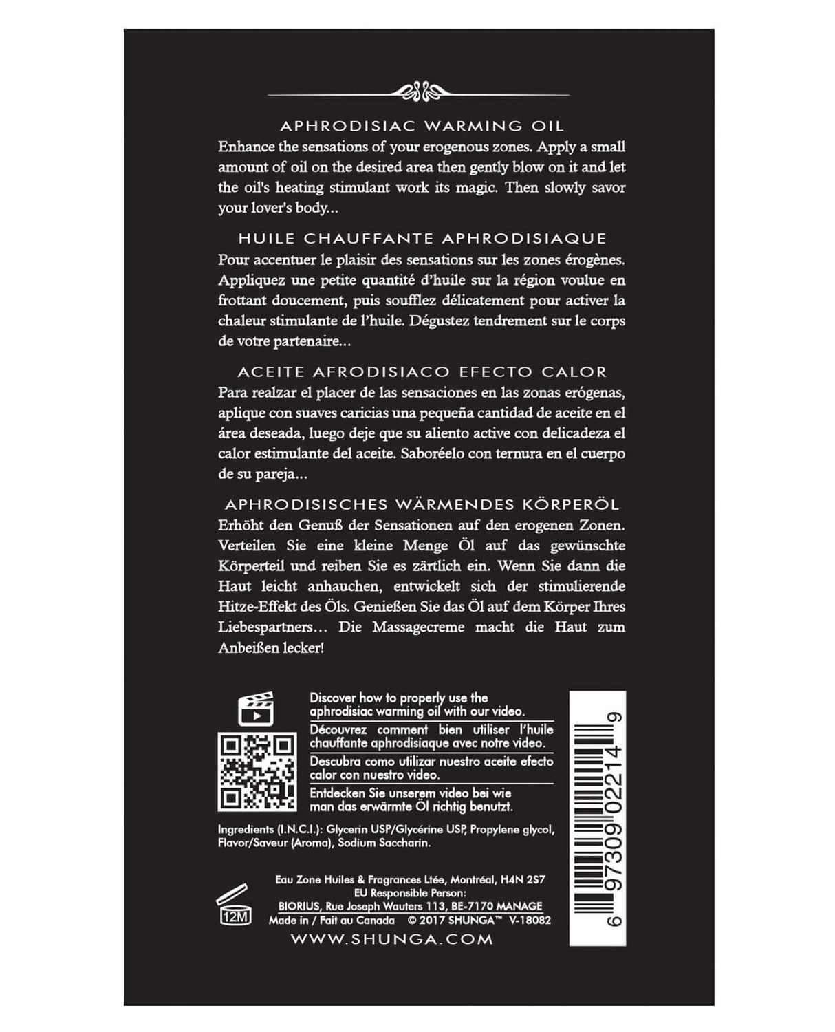 Shunga Warming Oil Creamy Love Latte 3.5 Oz product back label with usage instructions and multilingual description