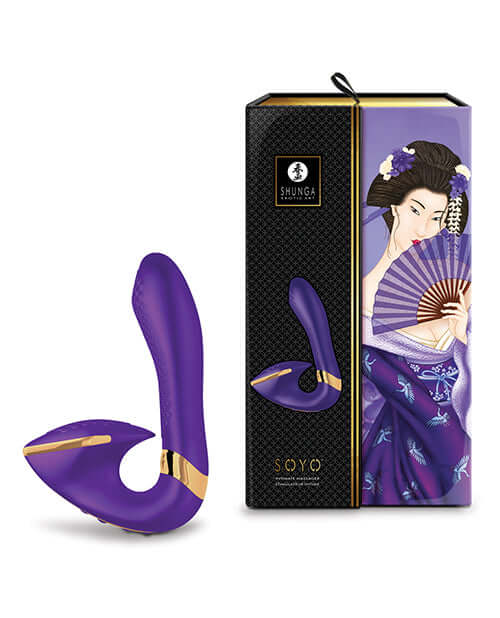 Shunga Soyo Intimate Massager Purple displayed with packaging, highlighting its unique design and powerful vibrations.