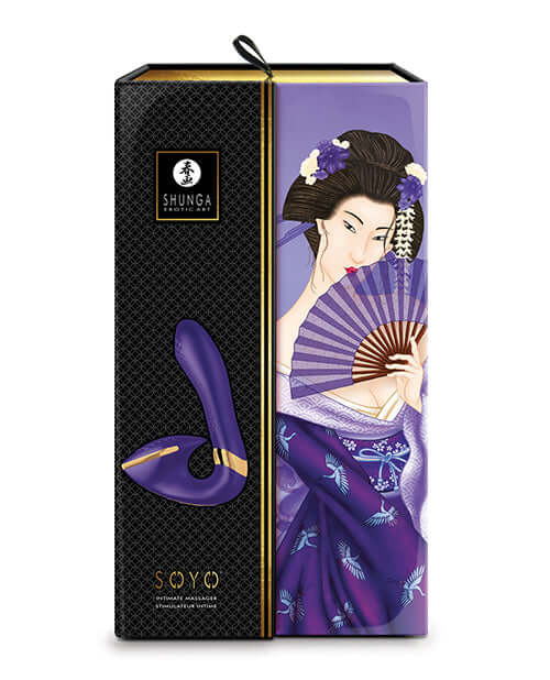 Shunga Soyo Intimate Massager Purple packaging featuring elegant design and sensual artwork.