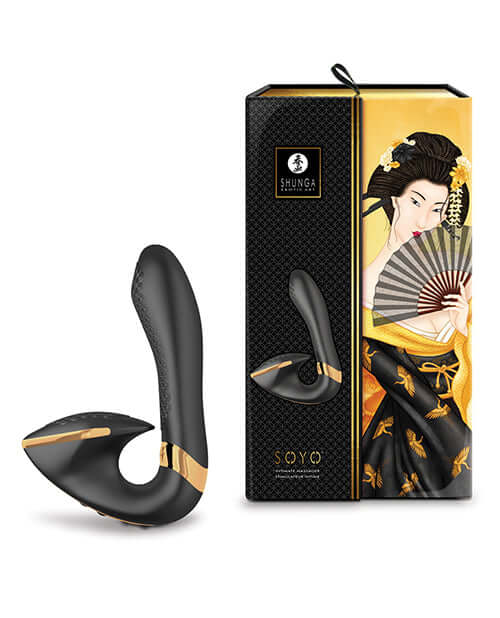 Shunga Soyo Intimate Massager Black with decorative packaging showcasing a traditional Japanese design.
