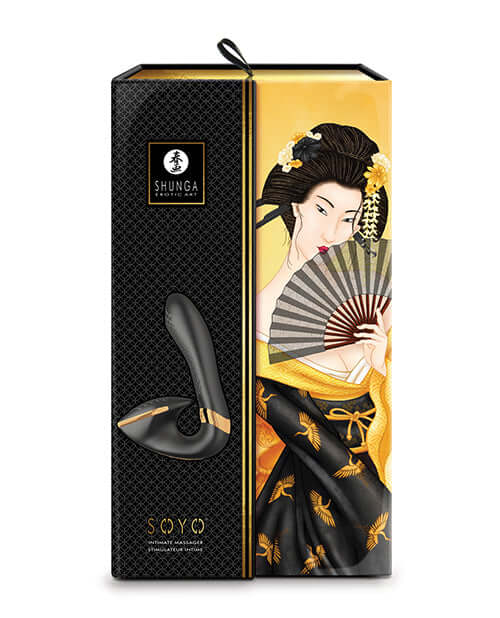 Shunga Soyo Intimate Massager Black in elegant packaging featuring traditional Japanese artwork.