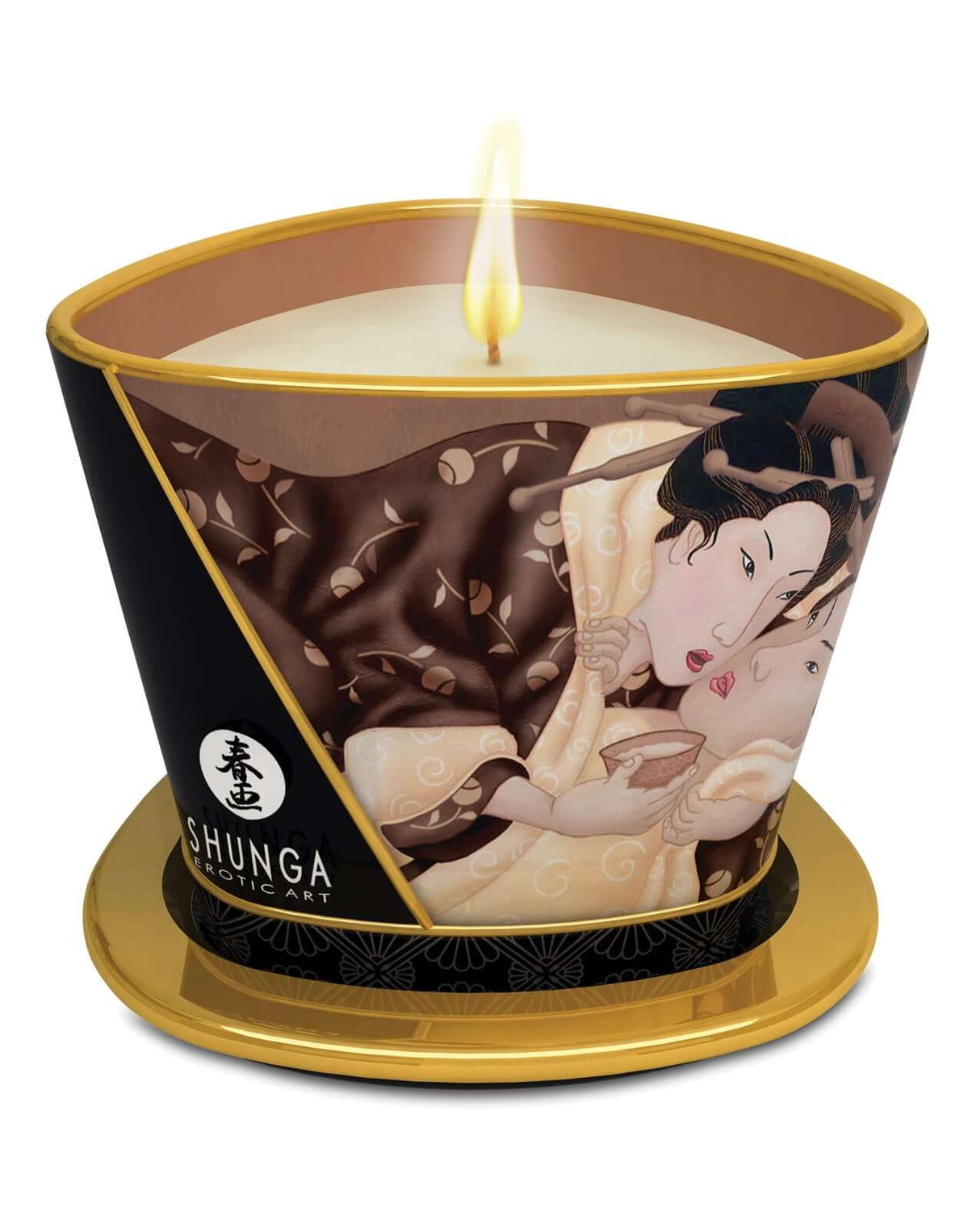 Shunga Massage Candle Intoxicating Chocolate 5.7 Oz with candle lit and decorative design.