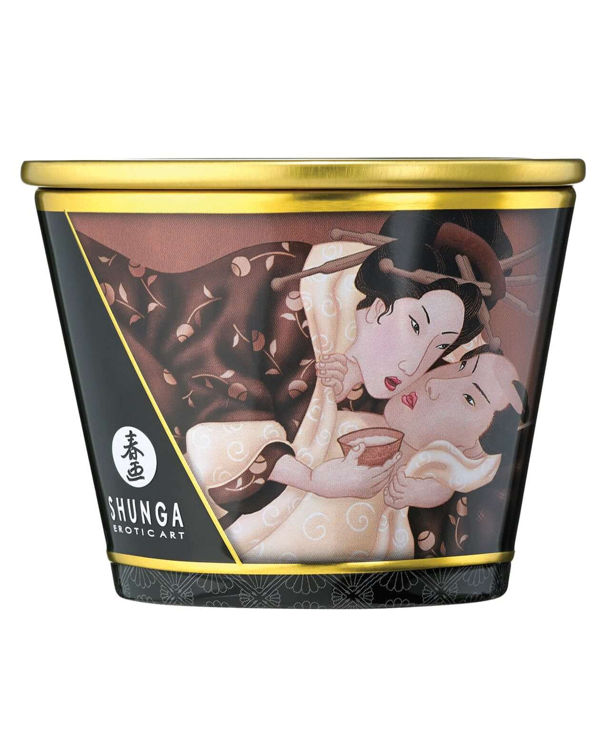 Shunga Massage Candle Intoxicating Chocolate 5.7 Oz with artistic design showcasing intimate couple on the container.