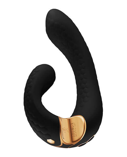 Shunga Miyo Intimate Massager Black designed for dual stimulation of clitoral and G-spot areas.