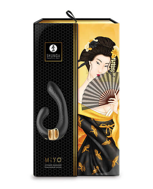 Shunga Miyo Intimate Massager Black packaging featuring a beautiful design and dual-stimulation device.