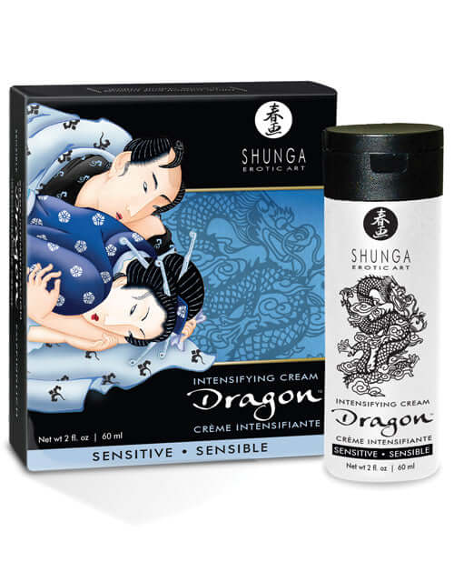Shunga Dragon Sensitive Cream 2 Oz packaging and product, featuring a design inspired by Dragon theme for intimate experiences.