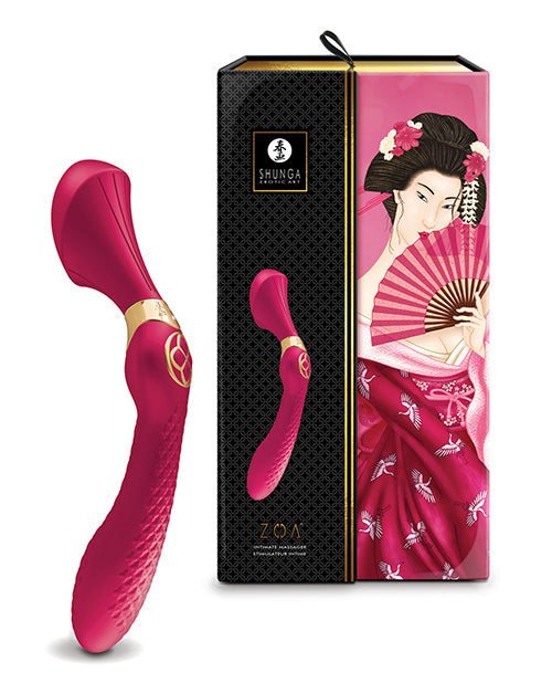 Shunga Zoa Intimate Massager Raspberry elegantly displayed with packaging, designed for comprehensive stimulation.
