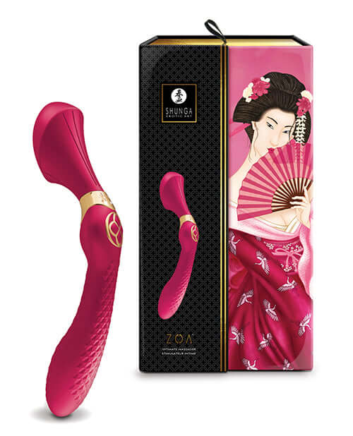Shunga Zoa Intimate Massager Raspberry elegantly displayed with packaging, designed for comprehensive stimulation.