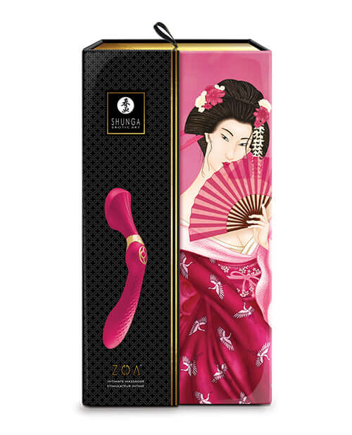 Shunga Zoa Intimate Massager Raspberry packaging featuring elegant design and vibrant colors.