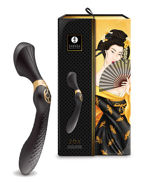 Shunga Zoa Intimate Massager Black displayed next to elegant packaging featuring a traditional design.