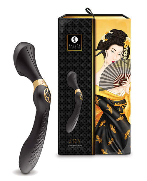 Shunga Zoa Intimate Massager Black displayed next to elegant packaging featuring a traditional design.