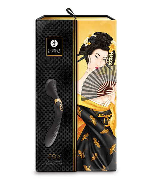 Shunga Zoa Intimate Massager Black product packaging featuring elegant design and artistic imagery.