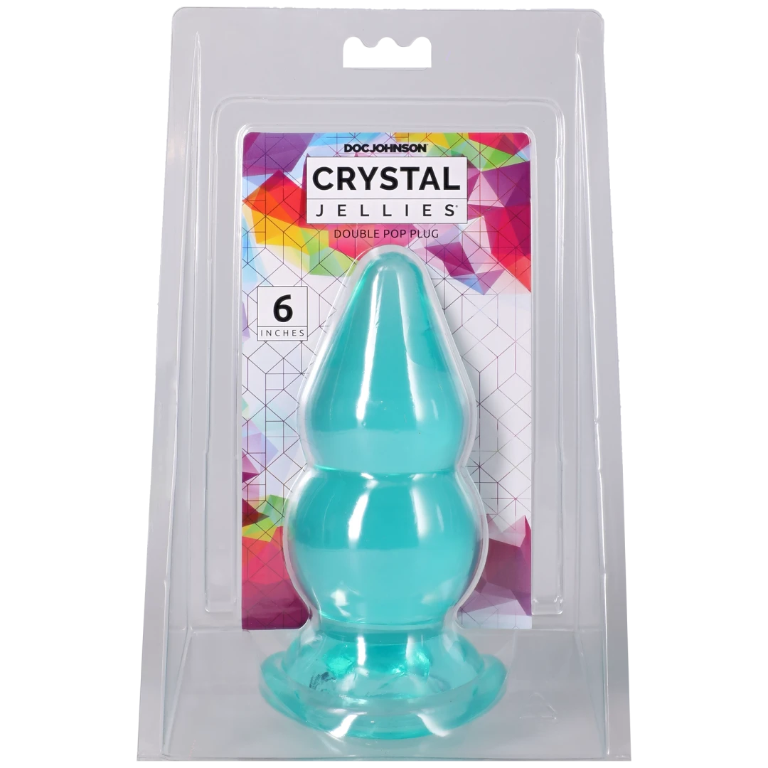 Crystal Jellies Double Pop Plug 6 Inch Teal in packaging showcasing its double curve design and vibrant color.